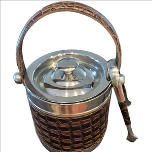 Vintage Double Walled Ice Bucket With Tongs, Brown Leather and Silver